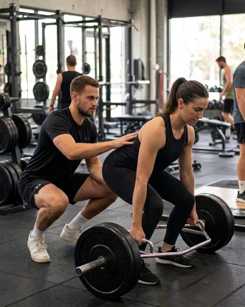 A coach crouching beside a client mid-lift on a trap bar, one hand on her back to guide the position.